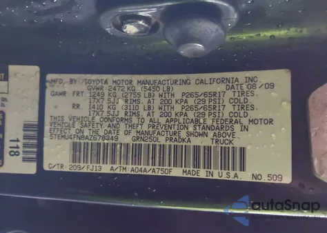 2010 Toyota Tacoma Base V6 z USA, uszkodzony, nr VIN 5TEMU4FN8AZ678349